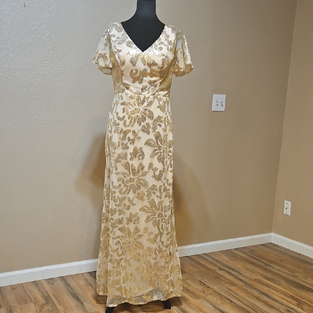 Elegant Gold Floral Evening Gown